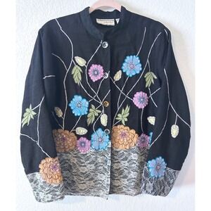 Black Floral Embroidered Lace Trim Carrie Allen Jacket Women's Size M